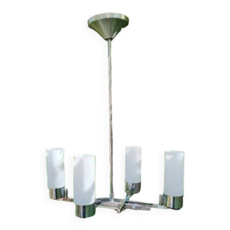 Lustre moderniste style Jacques ADNET 4 tubes opalins, 1970