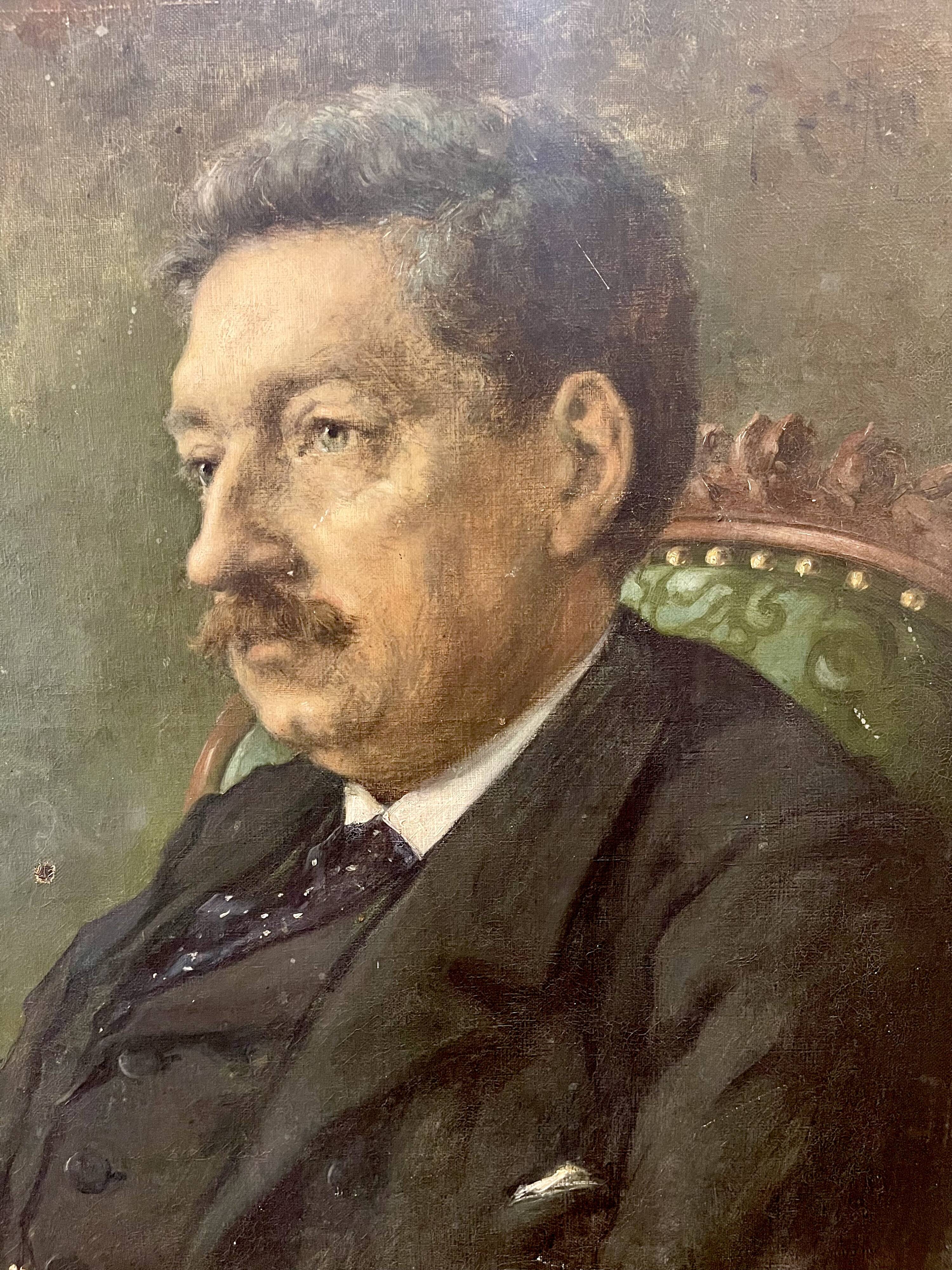 Portrait painting of a man with green eyes and mustache signed 1904