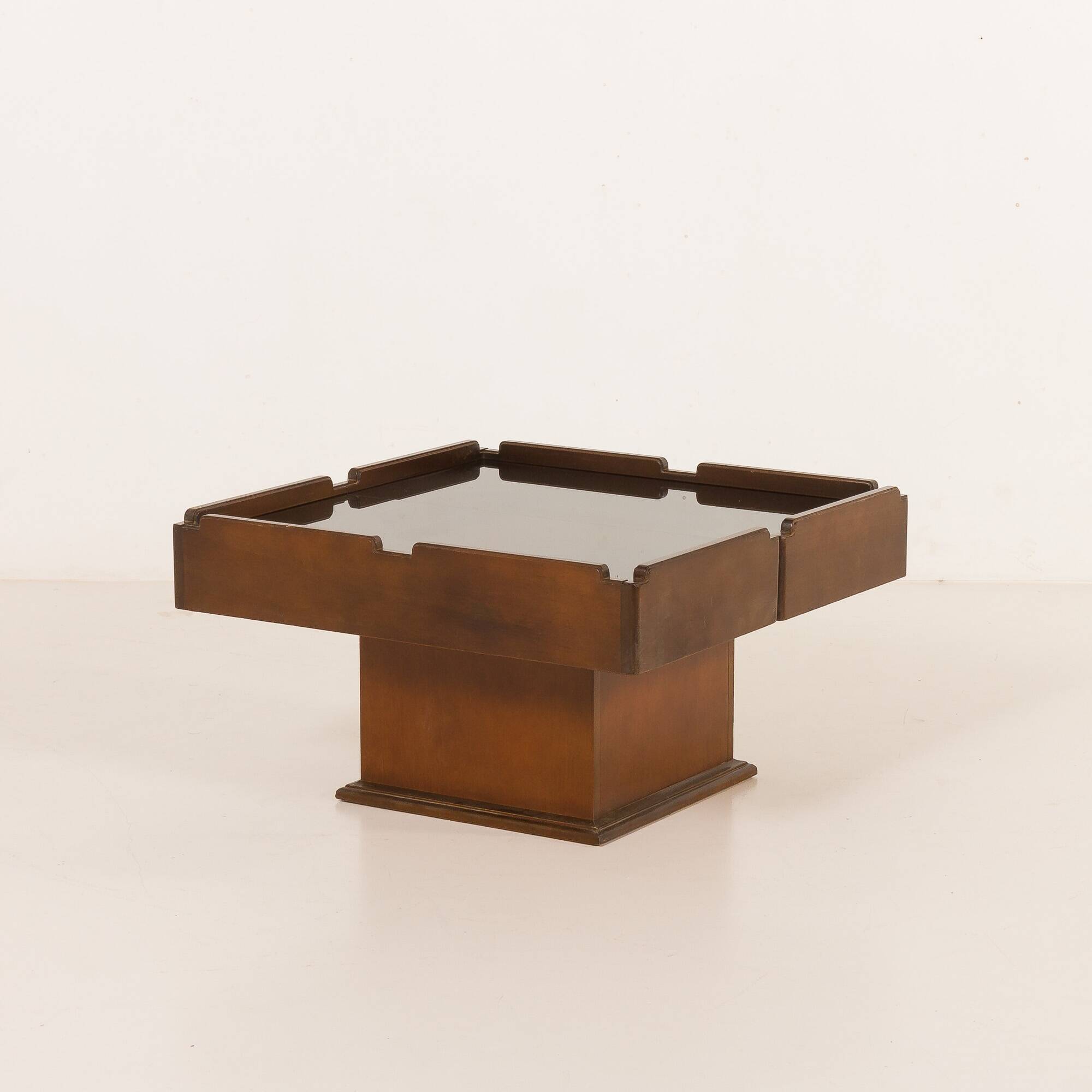 Italian vintage coffee table with bar compartment, walnut and glass, 1970s