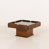 Italian vintage coffee table with bar compartment, walnut and glass, 1970s