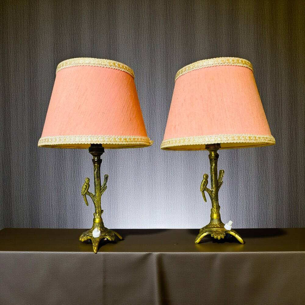 Pair rustic brass bird table lamps with pink lampshades
