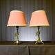 Pair rustic brass bird table lamps with pink lampshades