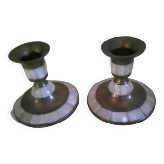 Pair of brass and mother-of-pearl candlesticks