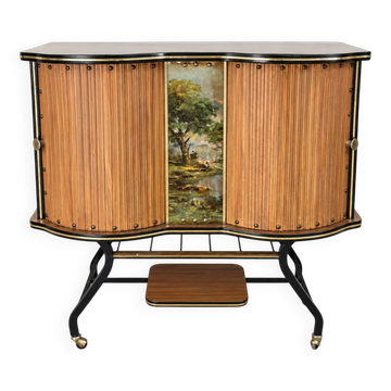 Bar vintage sur roulettes à portes tambour et décor peint – années 50/