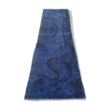 Distressed Turkish Narrow Runner 217 x 65 cm Wool Vintage rug, Over-dyed Blue