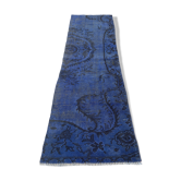 Distressed Turkish Narrow Runner 217 x 65 cm Wool Vintage rug, Over-dyed Blue