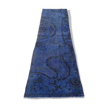 Distressed Turkish Narrow Runner 217 x 65 cm Wool Vintage rug, Over-dyed Blue