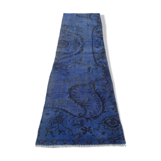 Distressed Turkish Narrow Runner 217 x 65 cm Wool Vintage rug, Over-dyed Blue