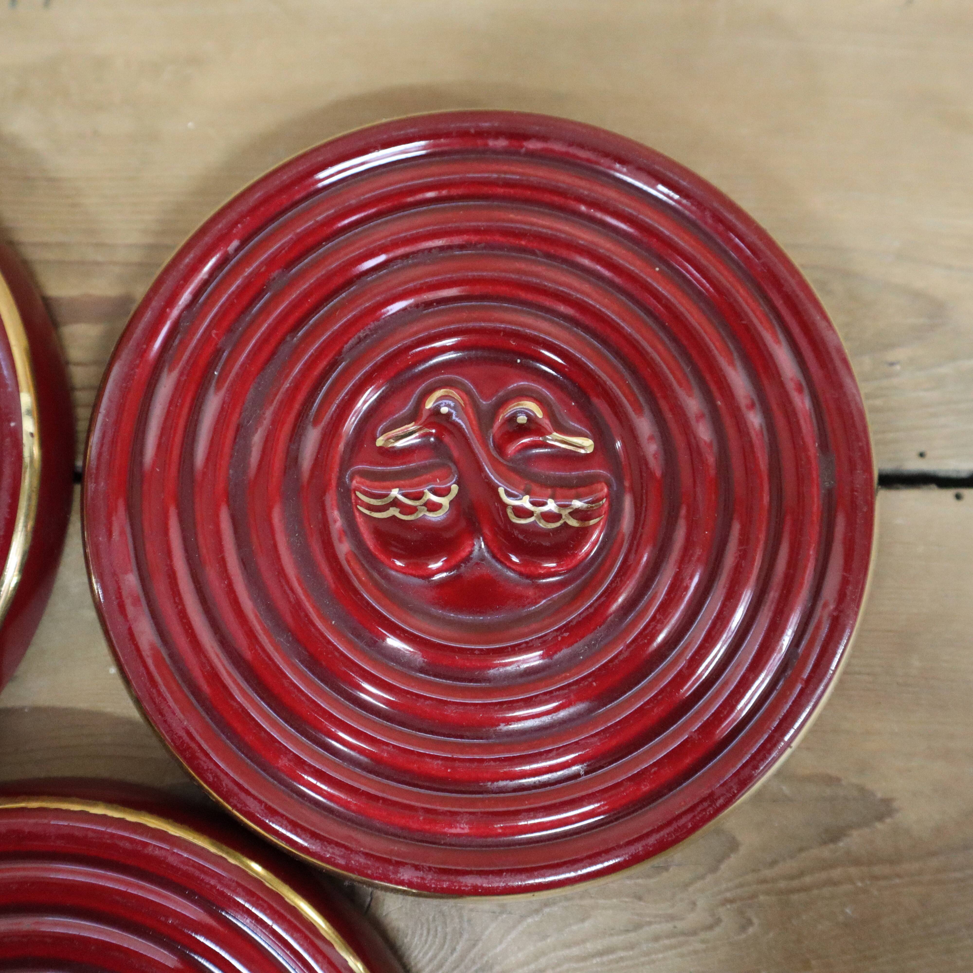 3 small vintage burgundy duck coasters or glasses with gold edging