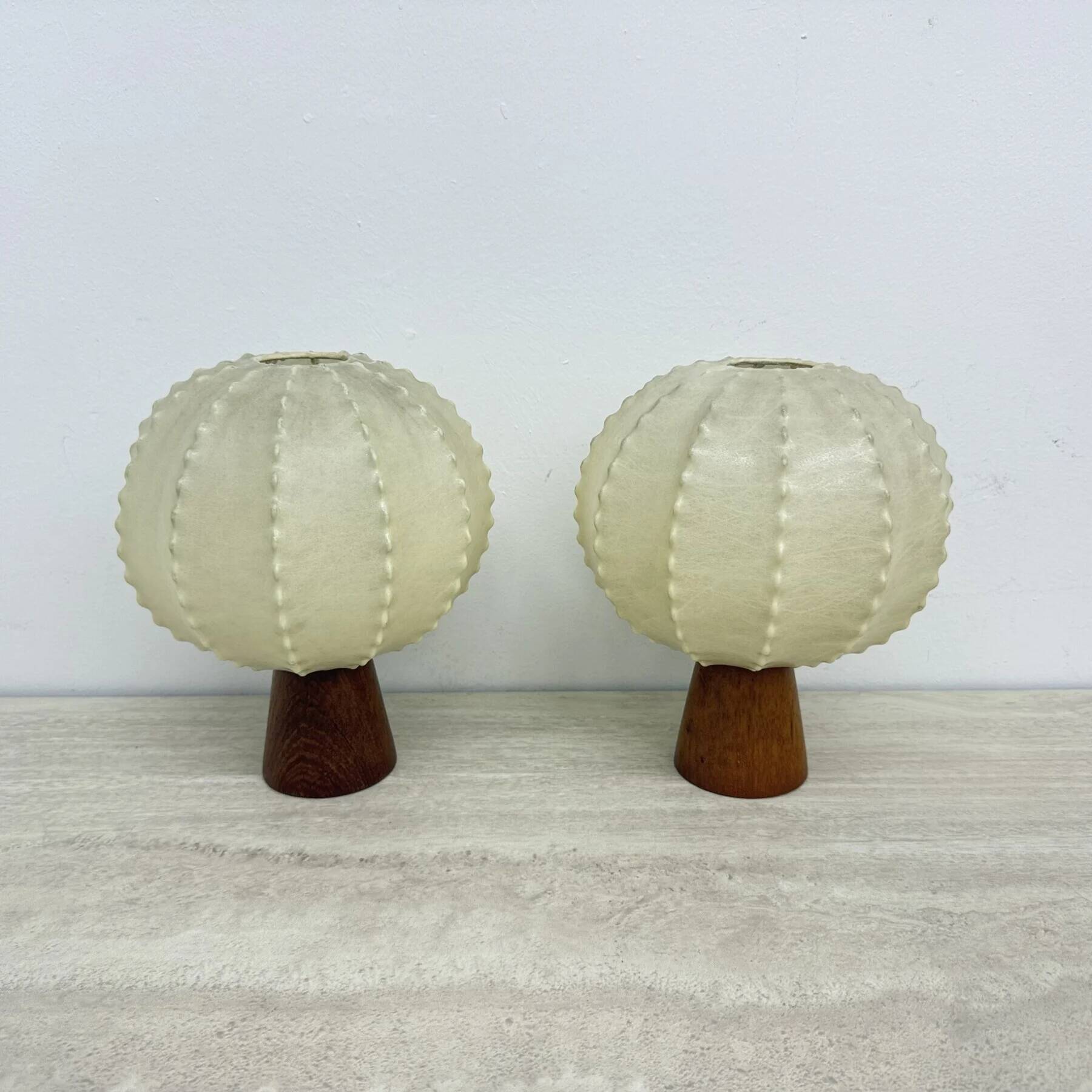 Pair of Goldkant Leuchten cocoon with teak base table lamps, 1970s