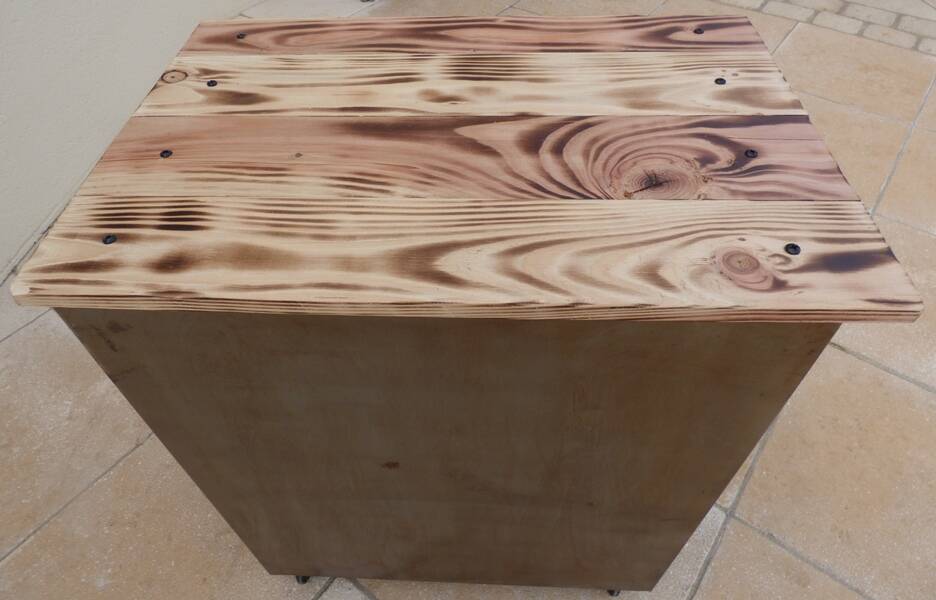 Old industrial furniture in rusty effect metal with two drawers on casters