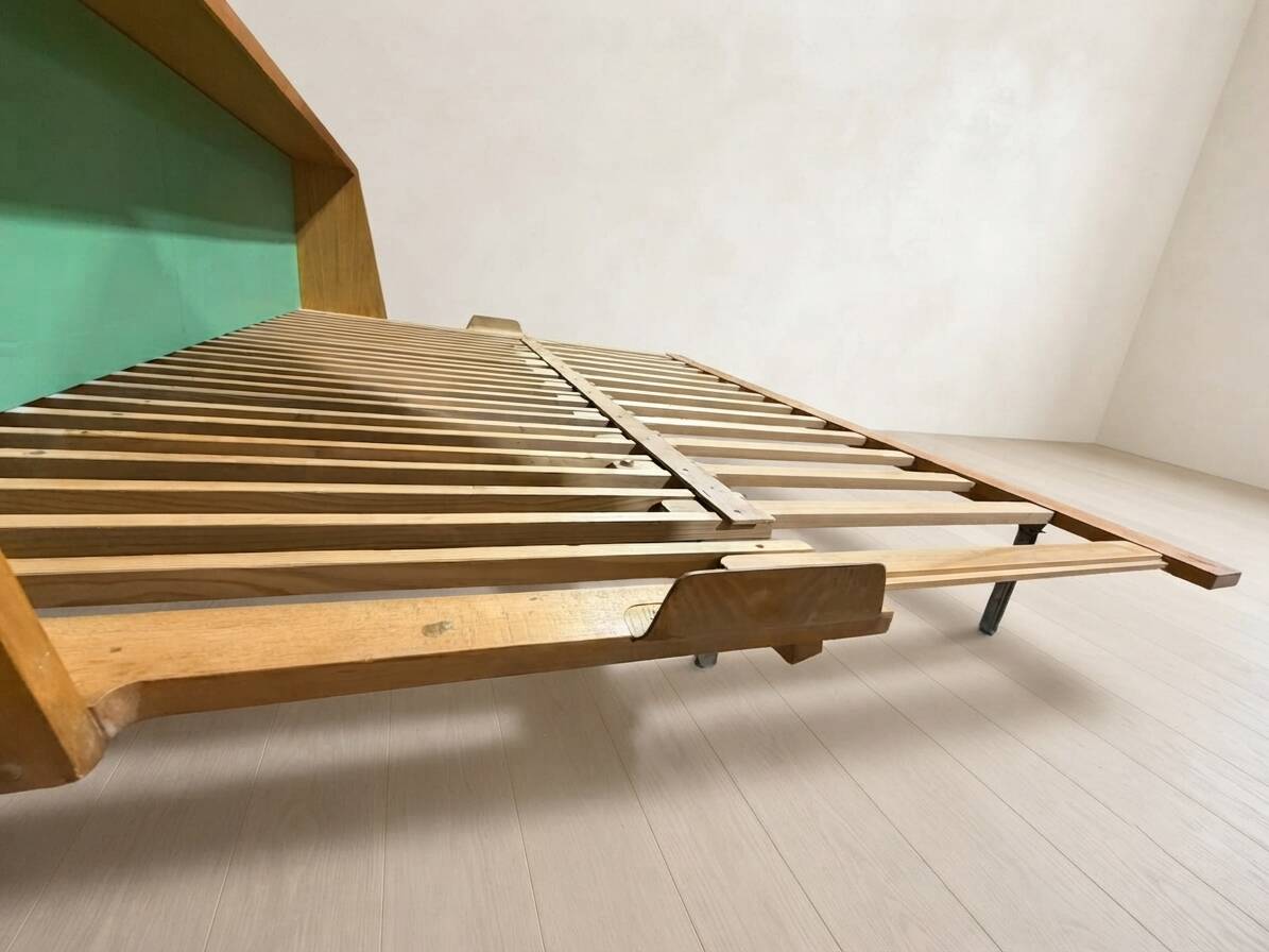Mid-century wooden folding sofa bed frame, extendable daybed, Czechoslovakia, 190 × 151 × 77 cm
