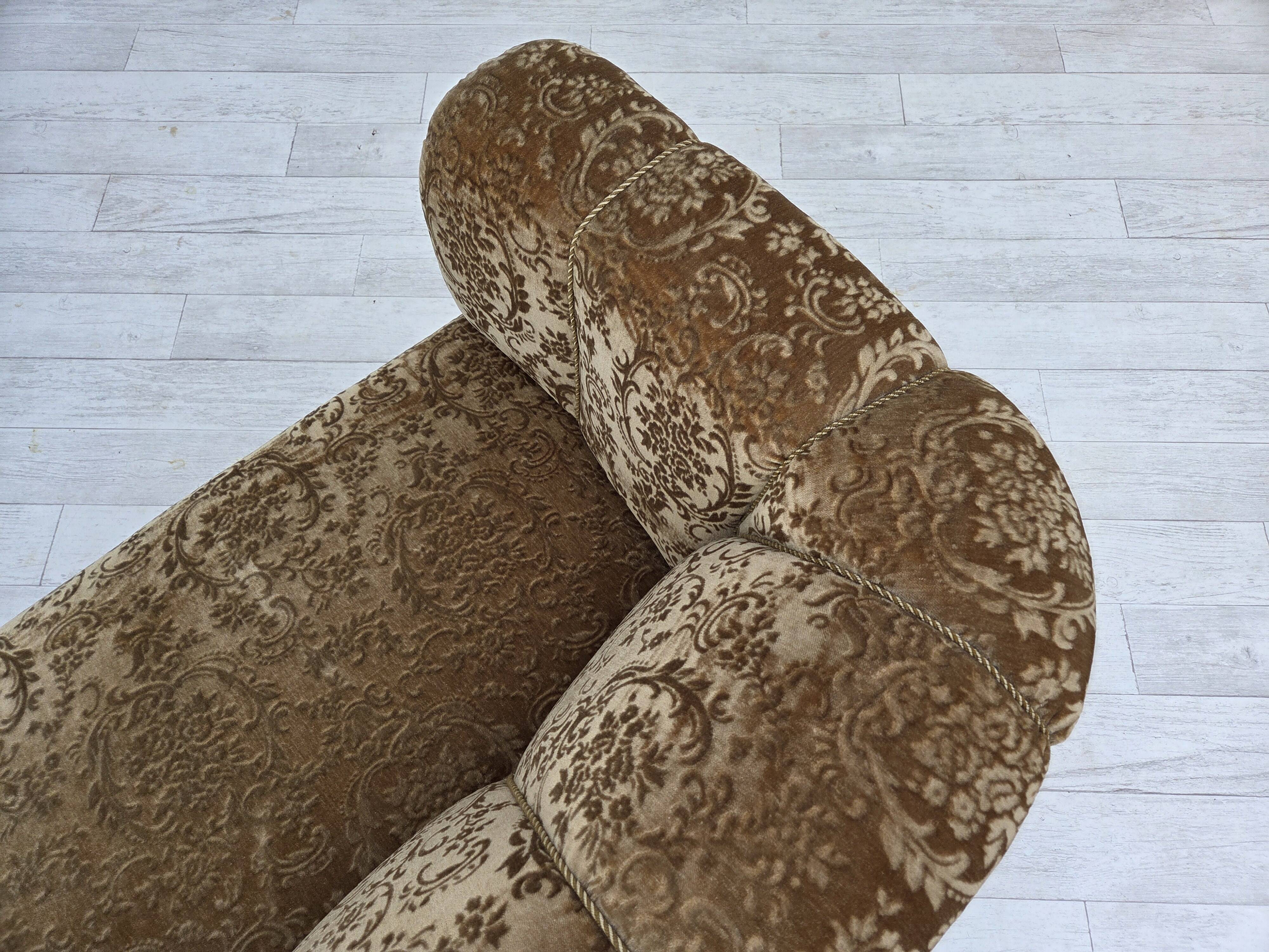 1960s, 3-seater Danish sofa, green furniture velour, ash wood legs.