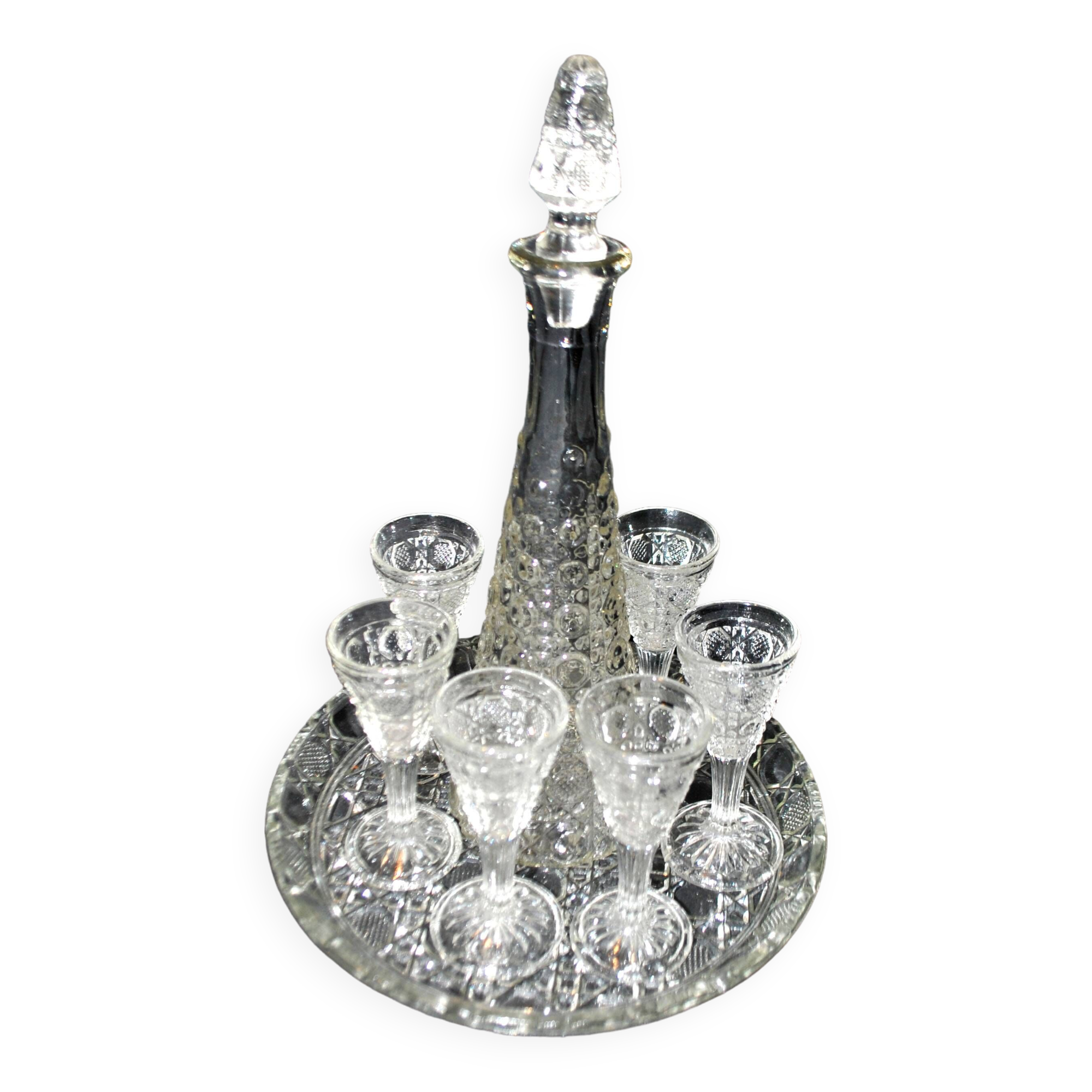 Old molded glass liqueur service GERMANY Fenne - set of 6 carafe glasses and tray