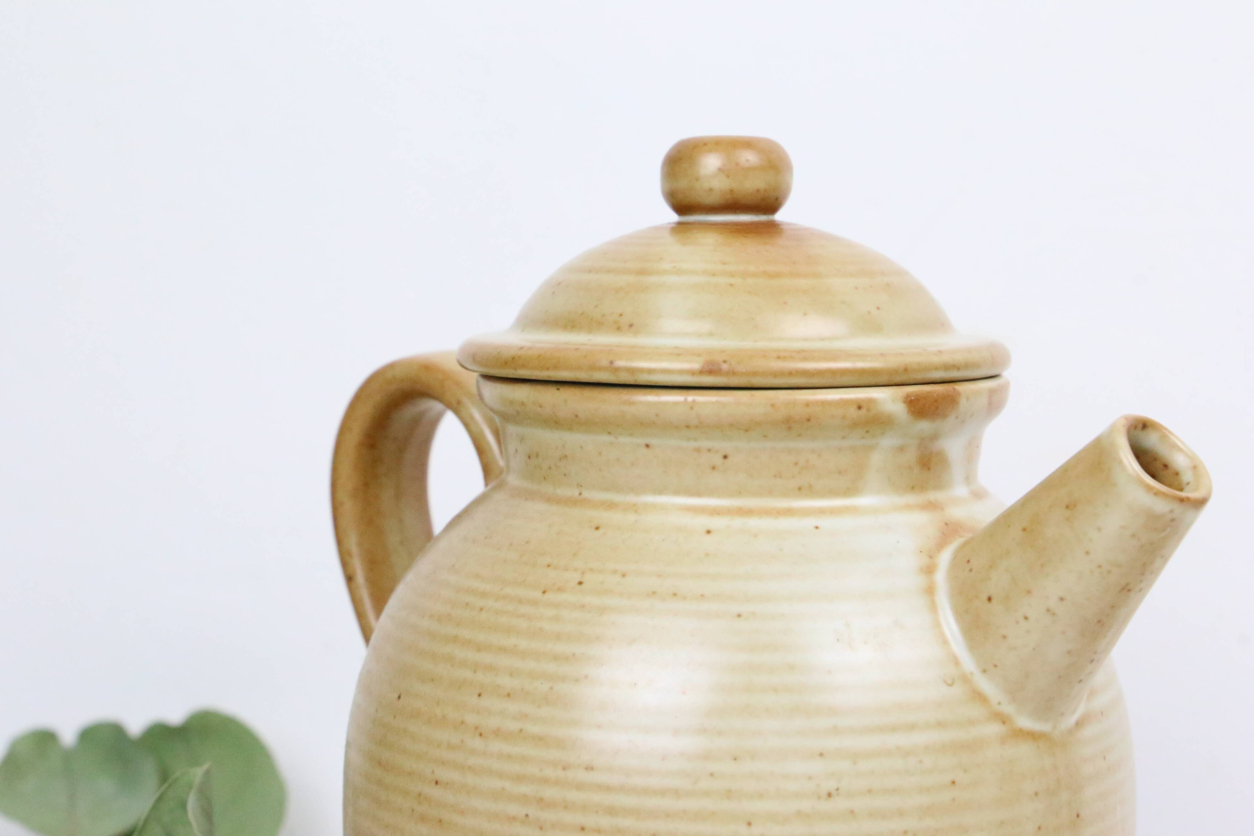 Vintage beige stoneware teapot, signed Grès Village
