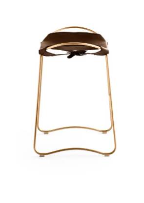 Contemporary kitchen stool in aged brass and dark brown leather.