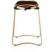Contemporary kitchen stool in aged brass and dark brown leather.