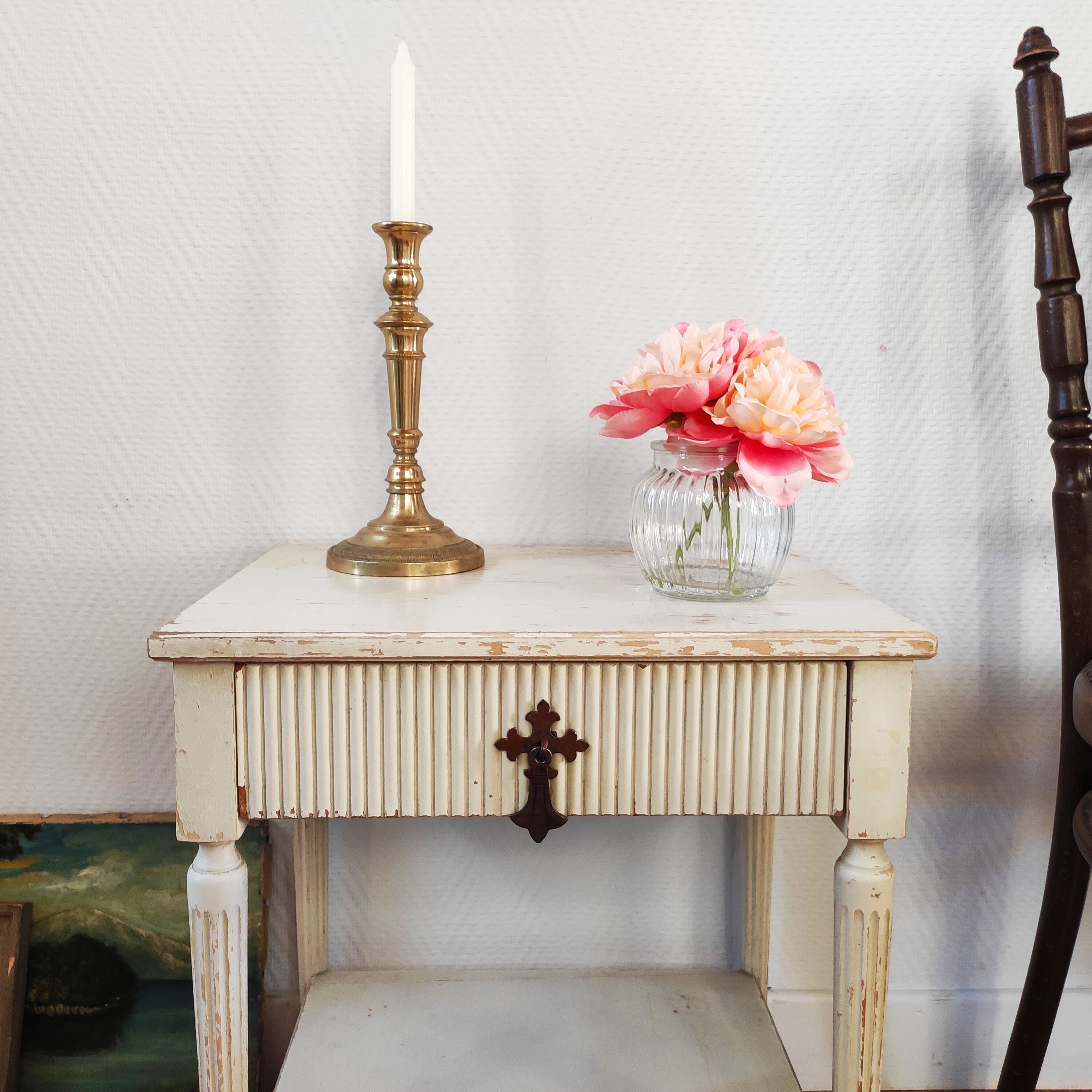 Patinated sofa end bedside