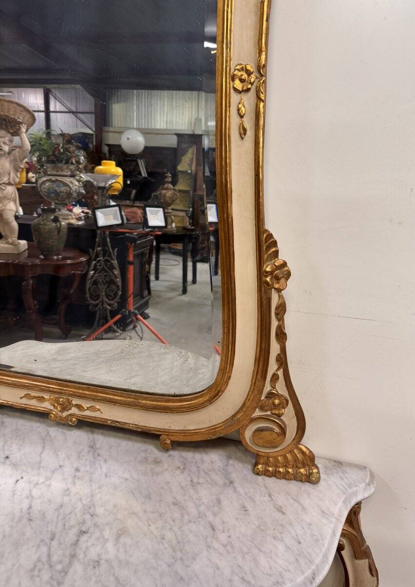 Importante console galbée + miroir style Louis XV en bois doré et laqué