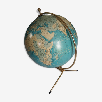 Globe terrestre années 50 vintage laiton et verre lumineux