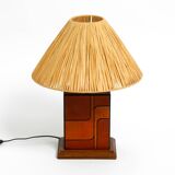 Italian 60s table lamp made of wood and leather with paper straw lampshade