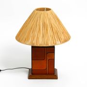 Italian 60s table lamp made of wood and leather with paper straw lampshade