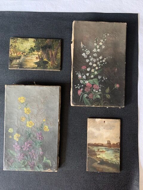 Pair of small old bucolic paintings, gouaches on wood, mid-twentieth, France