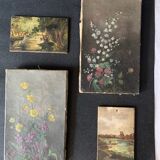 Pair of small old bucolic paintings, gouaches on wood, mid-twentieth, France