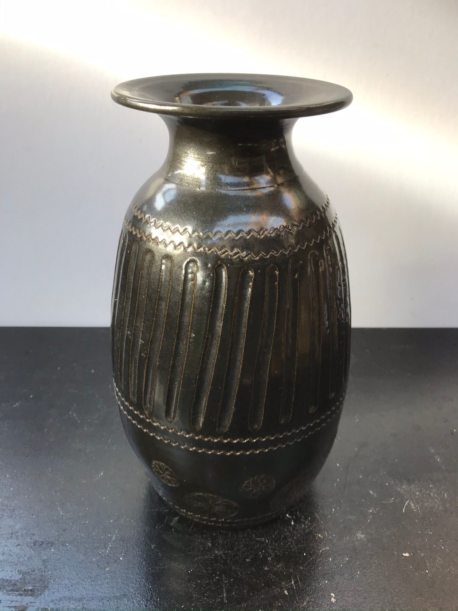 Former Black Brown Ceramic Vase Enamelled Signed HOPWILLER Vintage