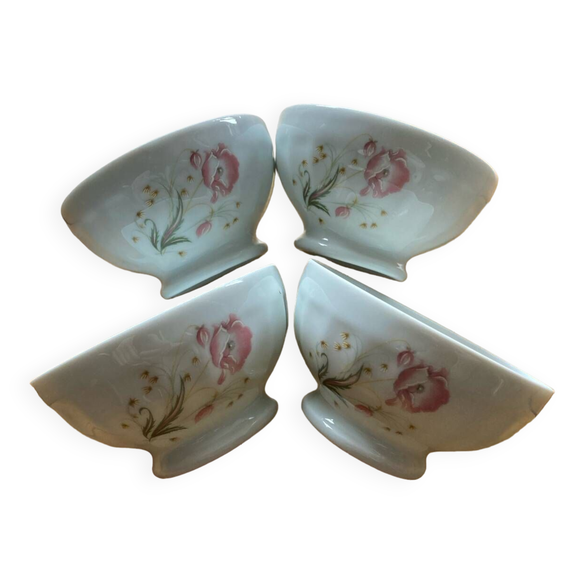 4 bols à facettes piédouche motif coquelicots Limoges