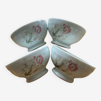4 bols à facettes piédouche motif coquelicots Limoges