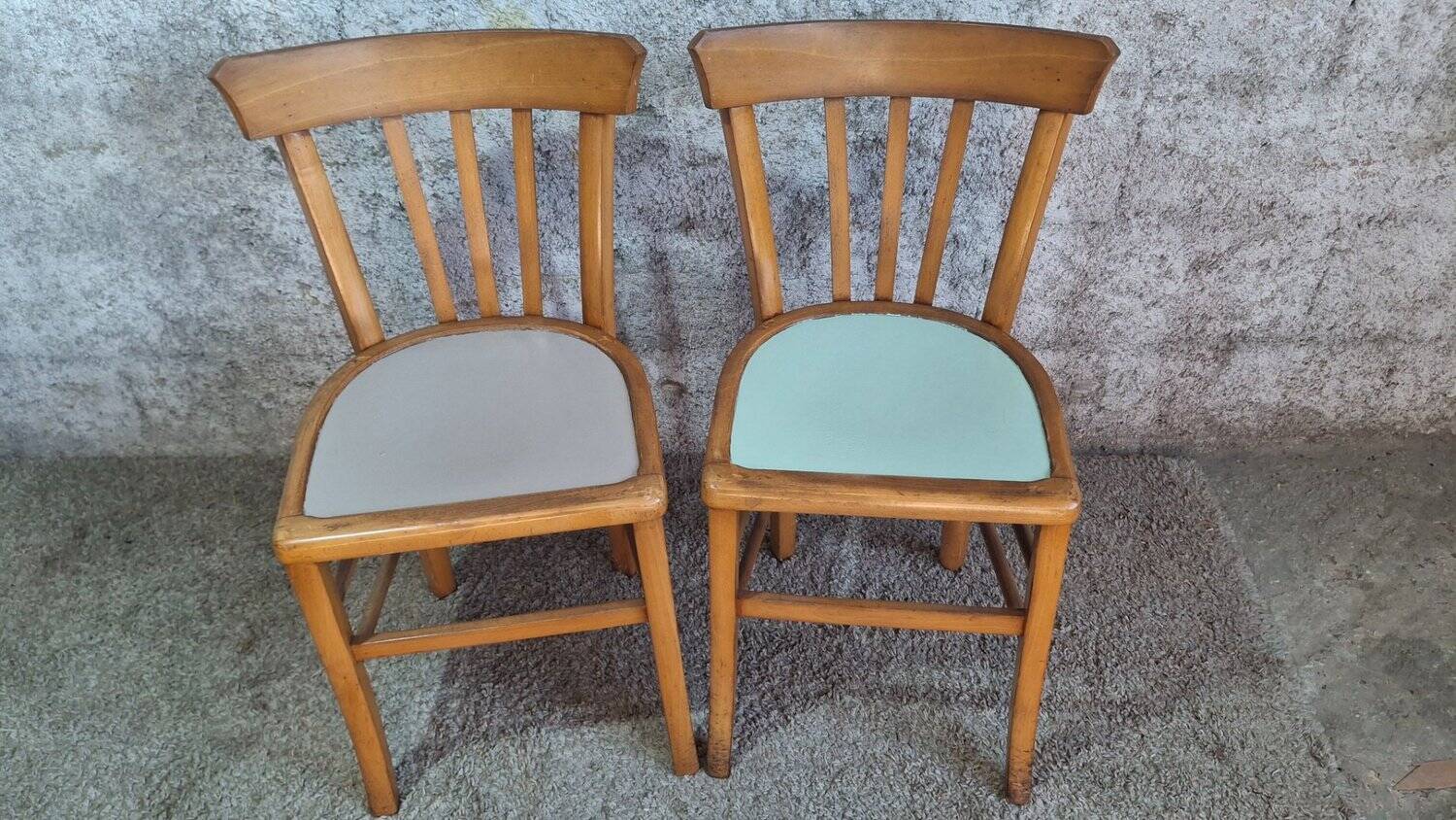 6 vintage bistro chairs from the 1950s, beech wood, repainted mismatched seats.
