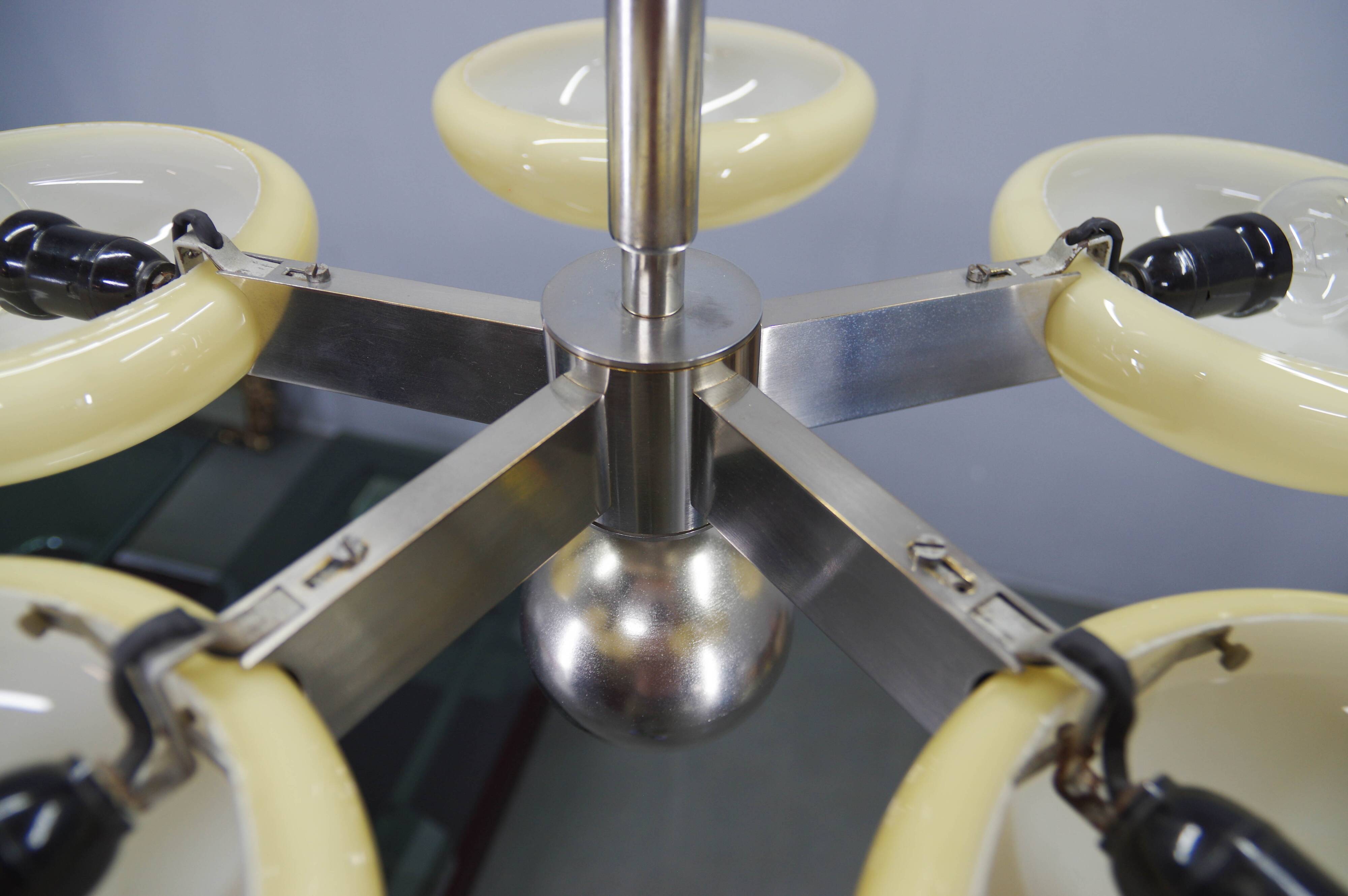 Exceptional Art Deco Functionalist Nickel-Plated Chandelier, 1930s