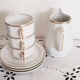Set of 3 white and gold bistro coffee cups and coffee pot, in porcelain