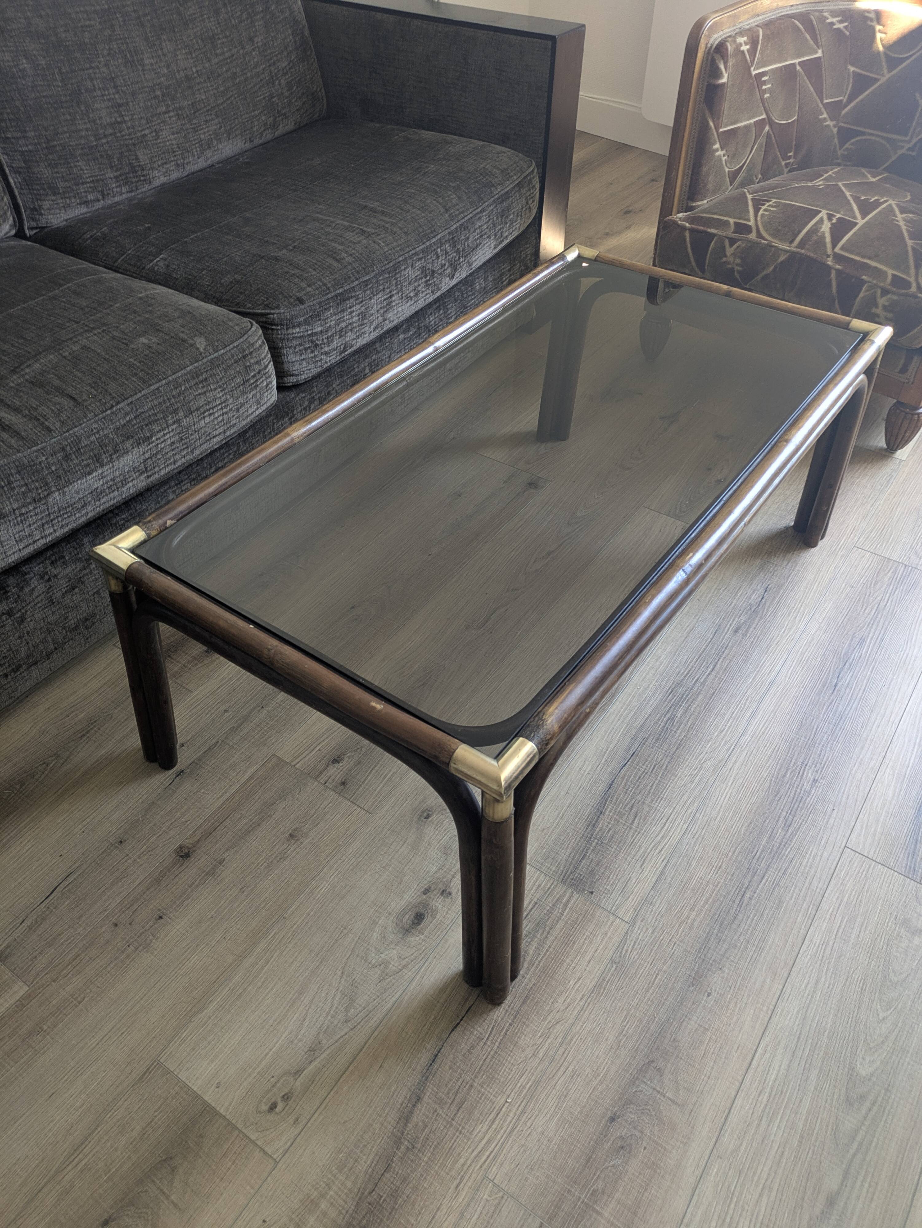 Bamboo coffee table with brass corners and smoked glass
