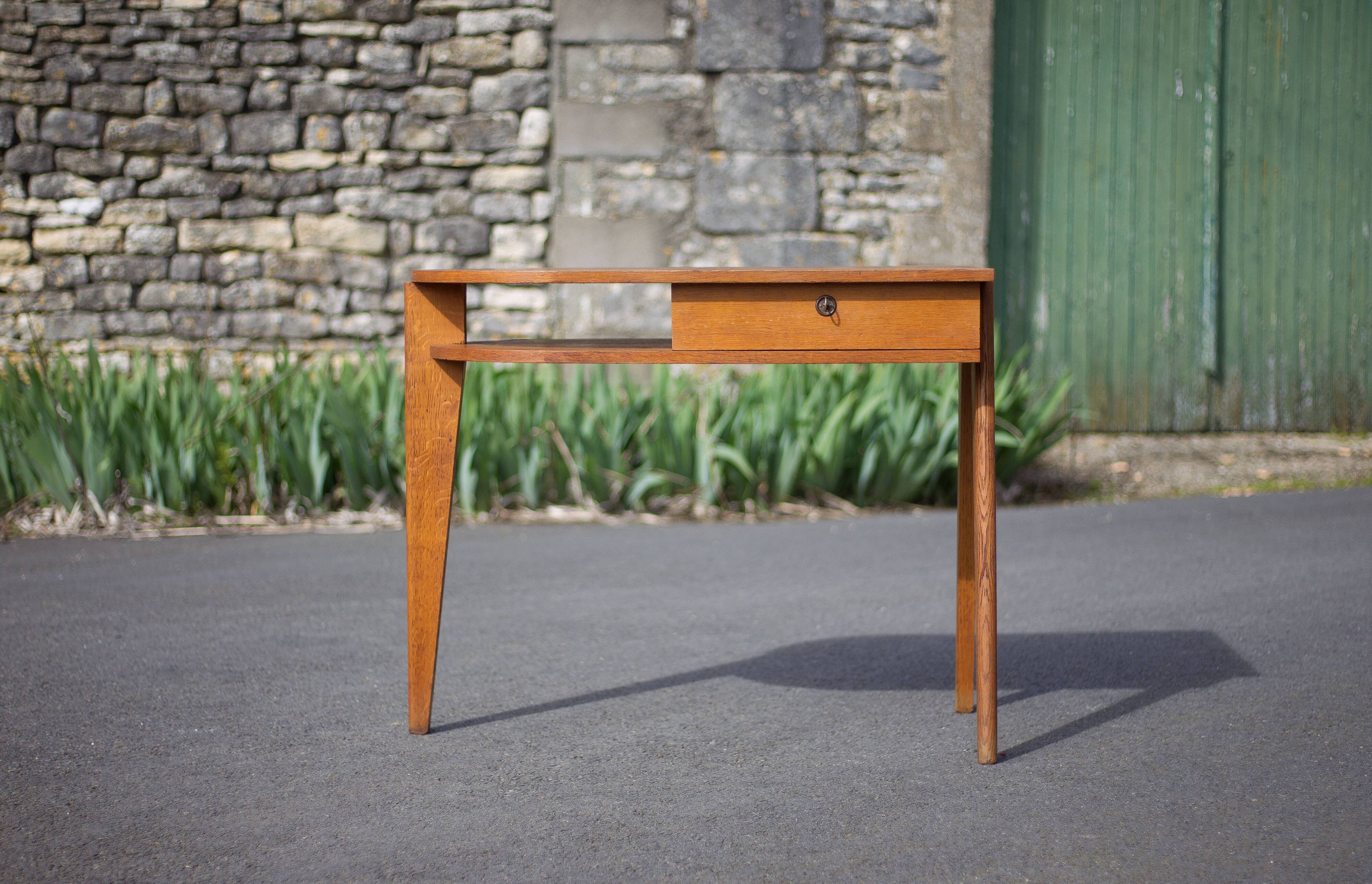 desk, tripod wooden desk, small French designer desk, modernist desk, 50's