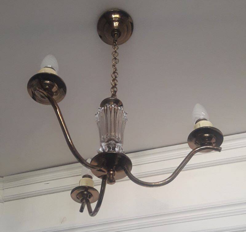 Chandelier 1950, 1960 3 lights gold metal and glass