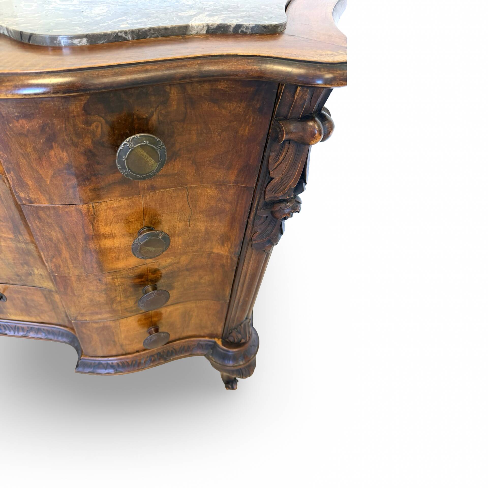 serpentine commode in antique walnut