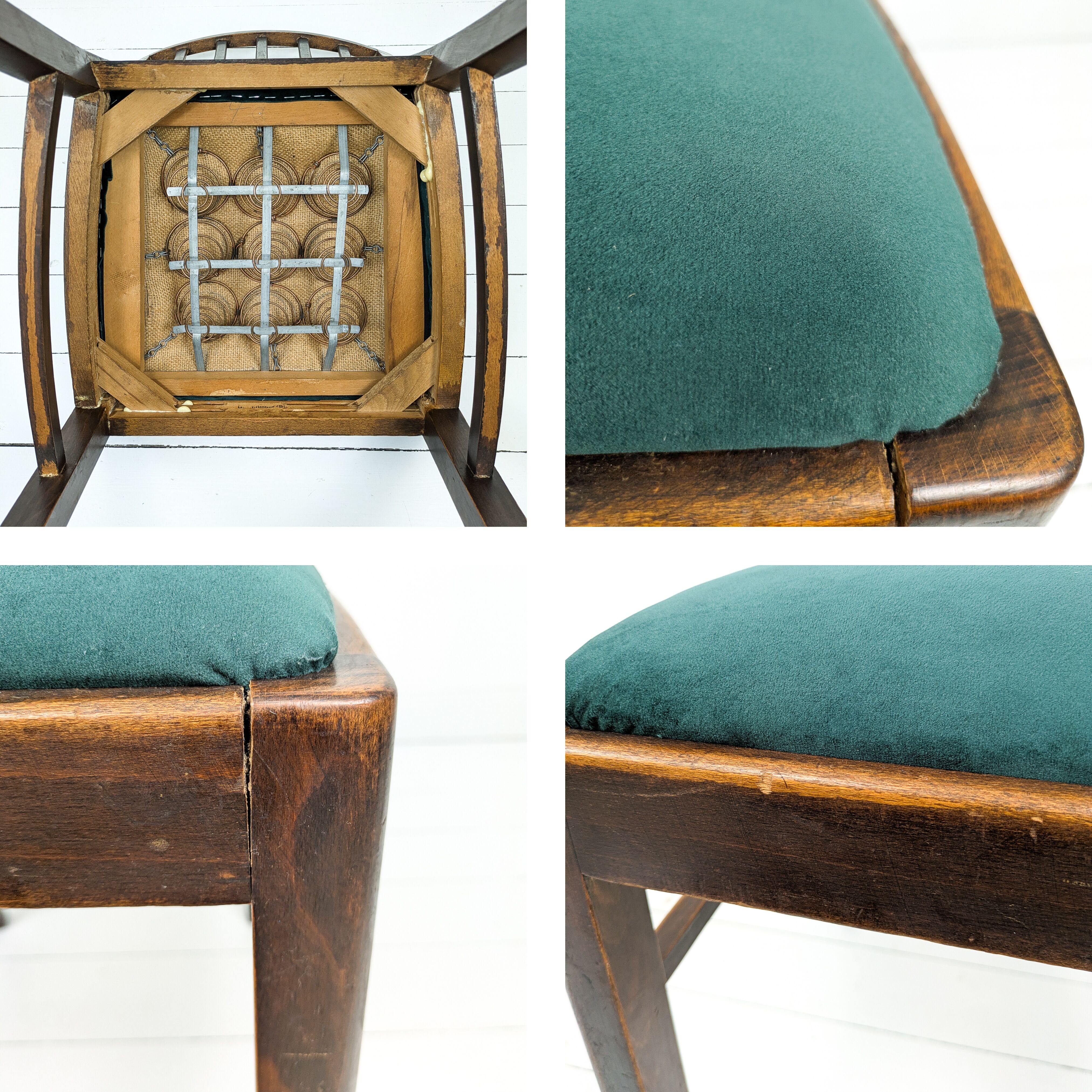 Lot de 4 chaises vintage bois brun, assise verte, style années 50