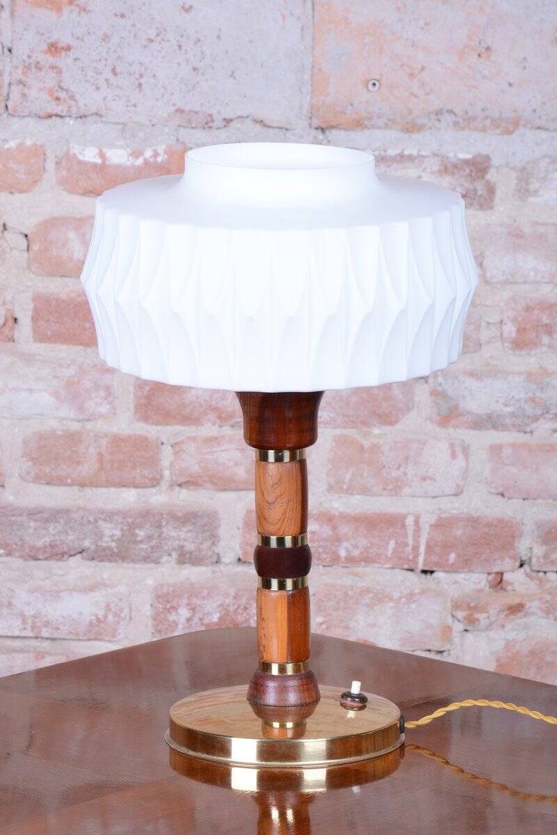 Mid-Century Table Lamp in Walnut, Brass and Glass, Czech, 1960s