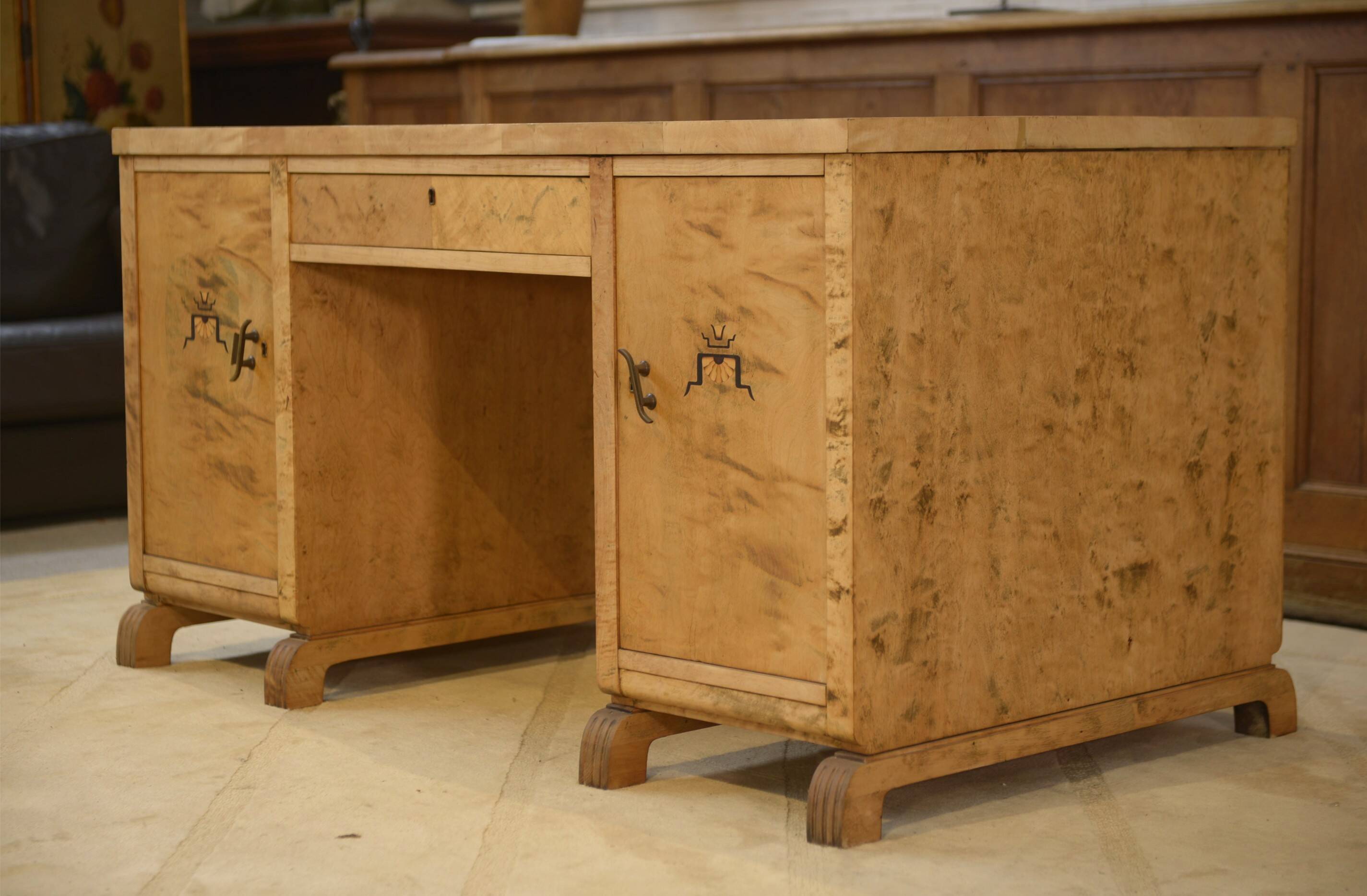 English desk in birch veneer with bee pattern marquetry from the 1950s.