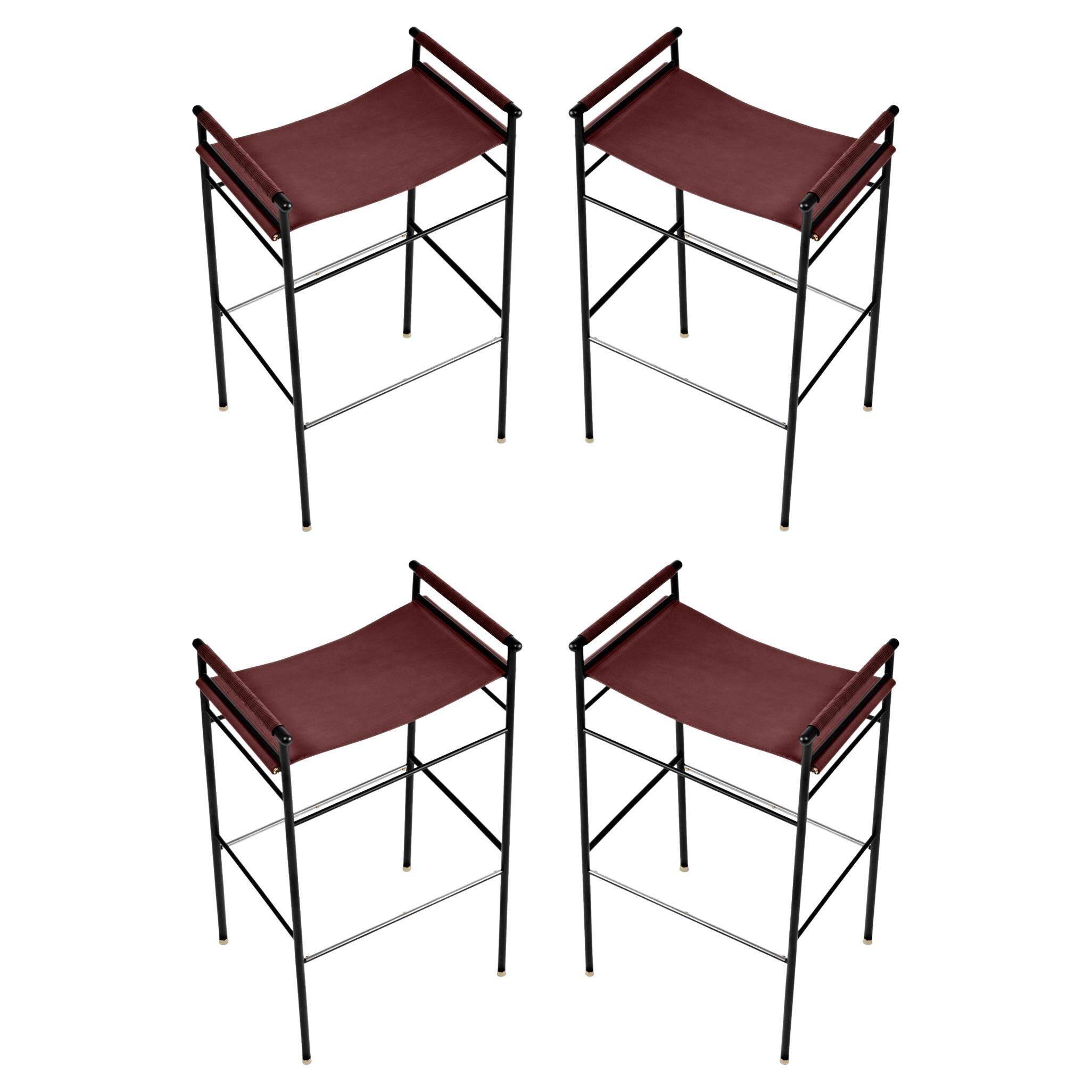 Par Taburete de Bar Classique Contemporain en Cuir Coñac avec Structure en Caoutchouc Noir
