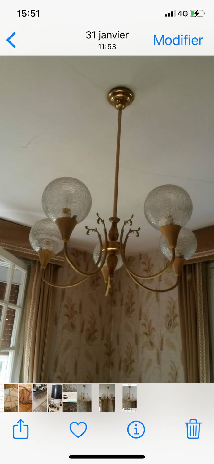 Five-branched golden brass chandelier