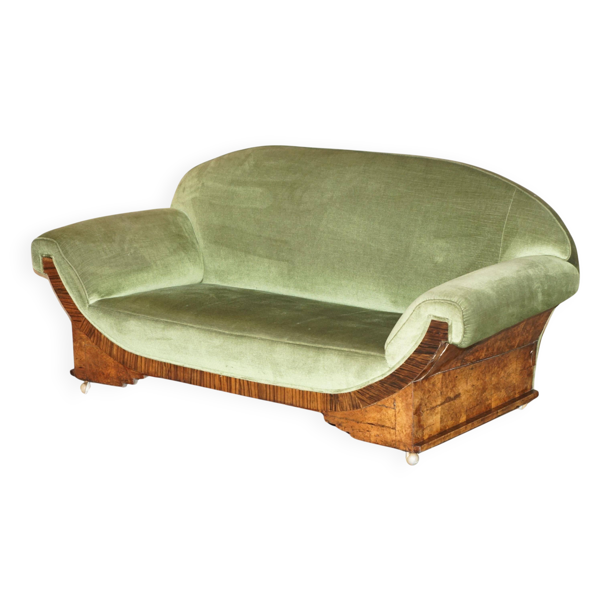 Art Deco Canapé Circa 1920 in Walnut, Cherry and Velvet