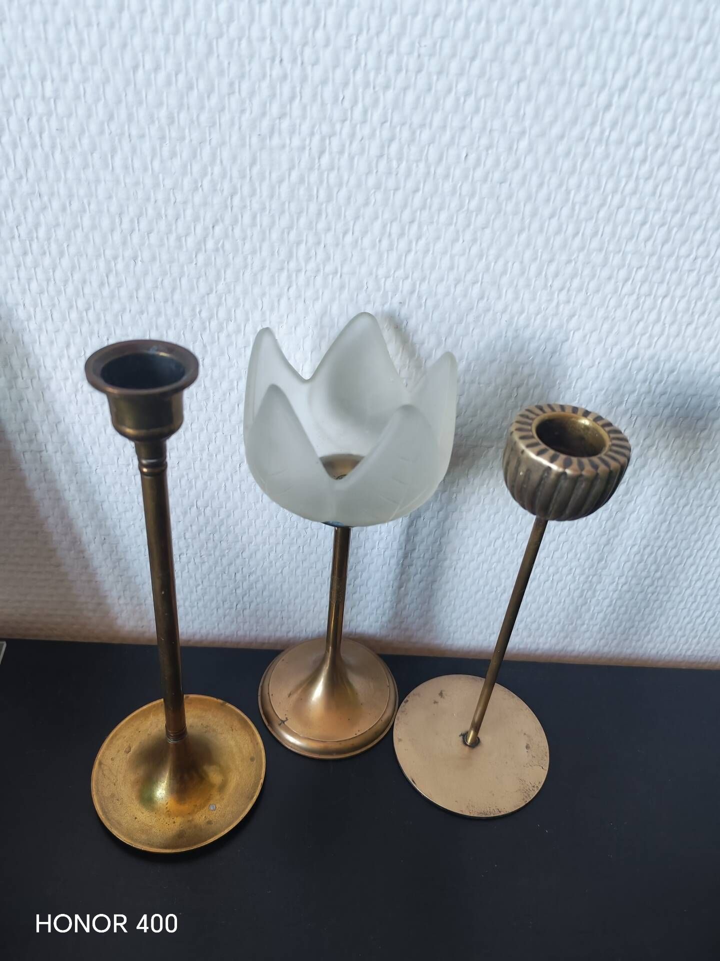 Vintage brass candlestick trio