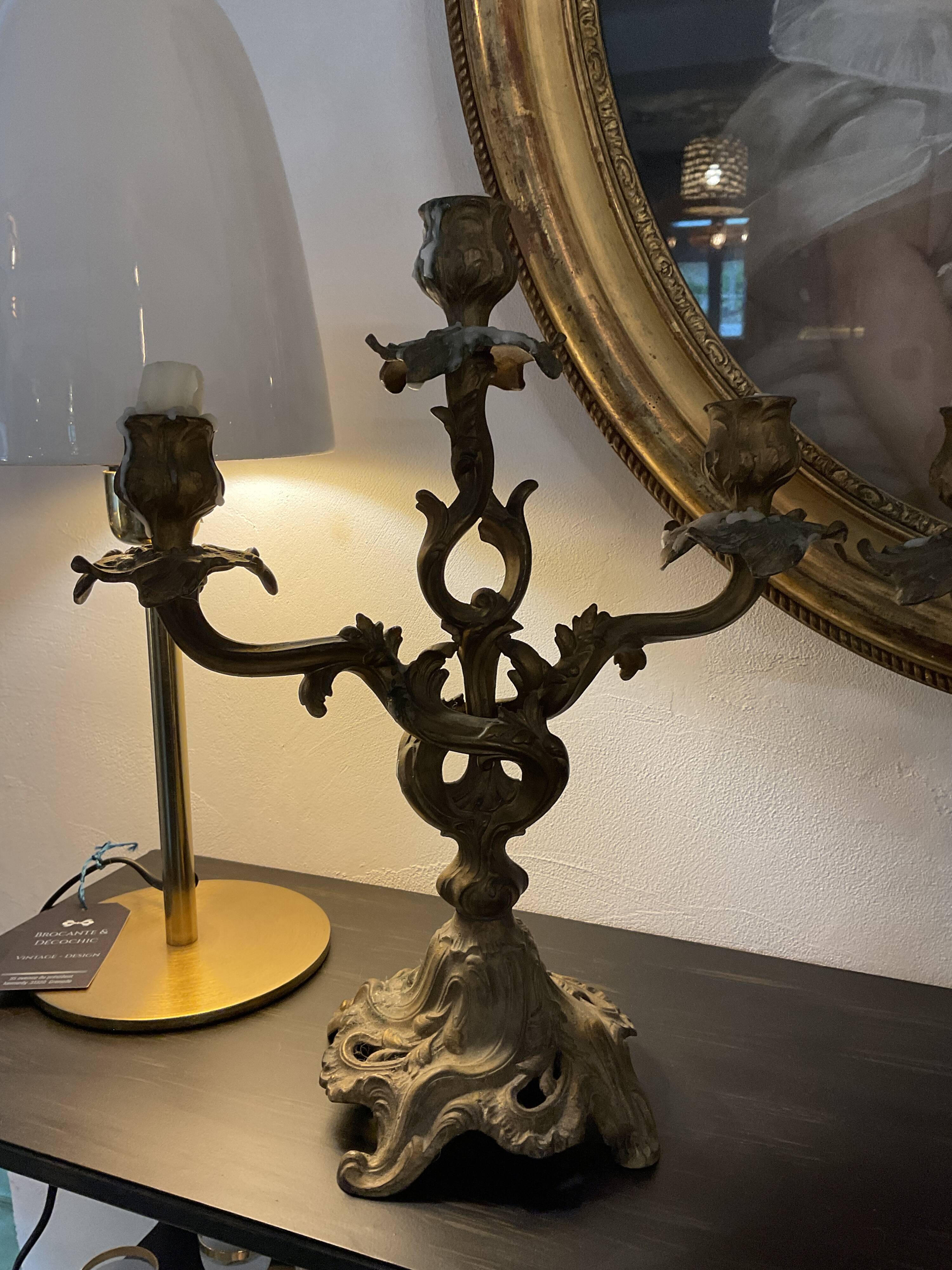 Pair of 3-branch candlesticks. Bronze