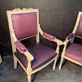 Pair of grey Louis XVI-style armchairs with inverted tapestry.