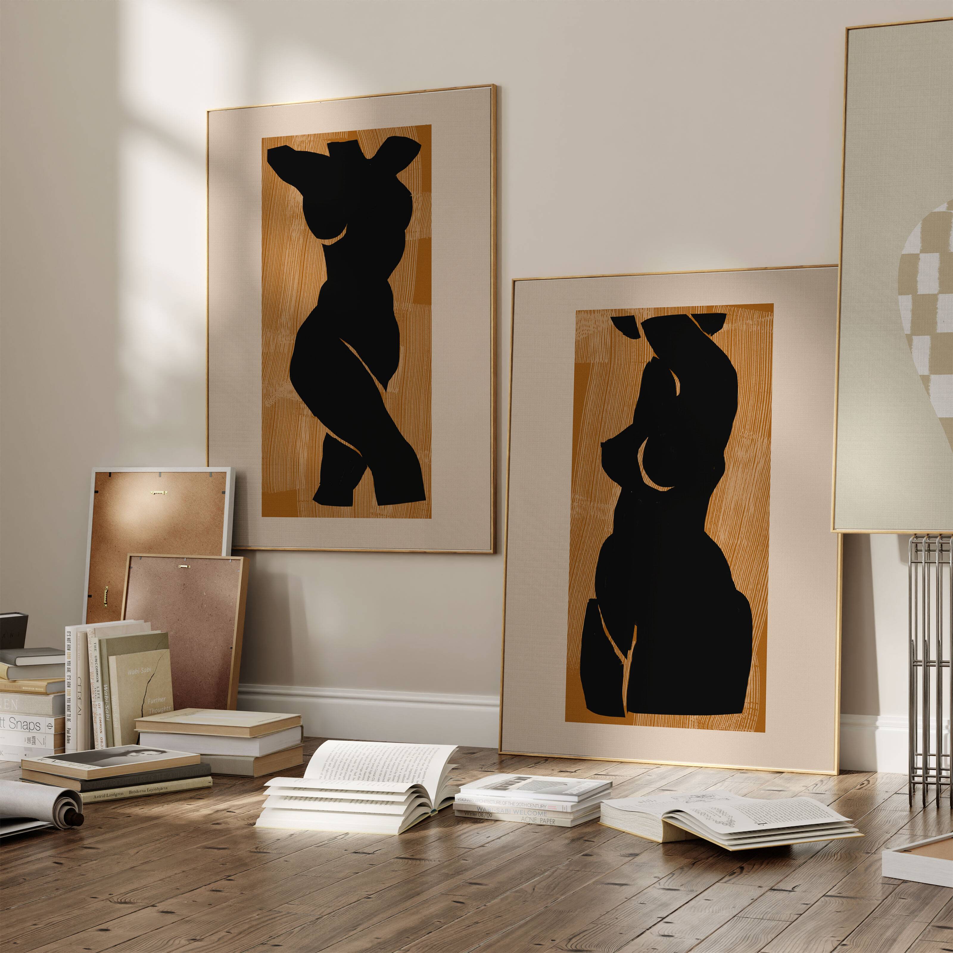 Paire d’estampes, art mural silhouette féminine. Lot de deux, 50x70cm