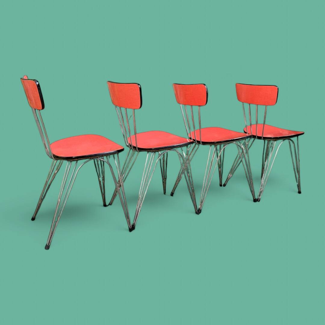 4 red Formica chairs with Eiffel legs, 1950s