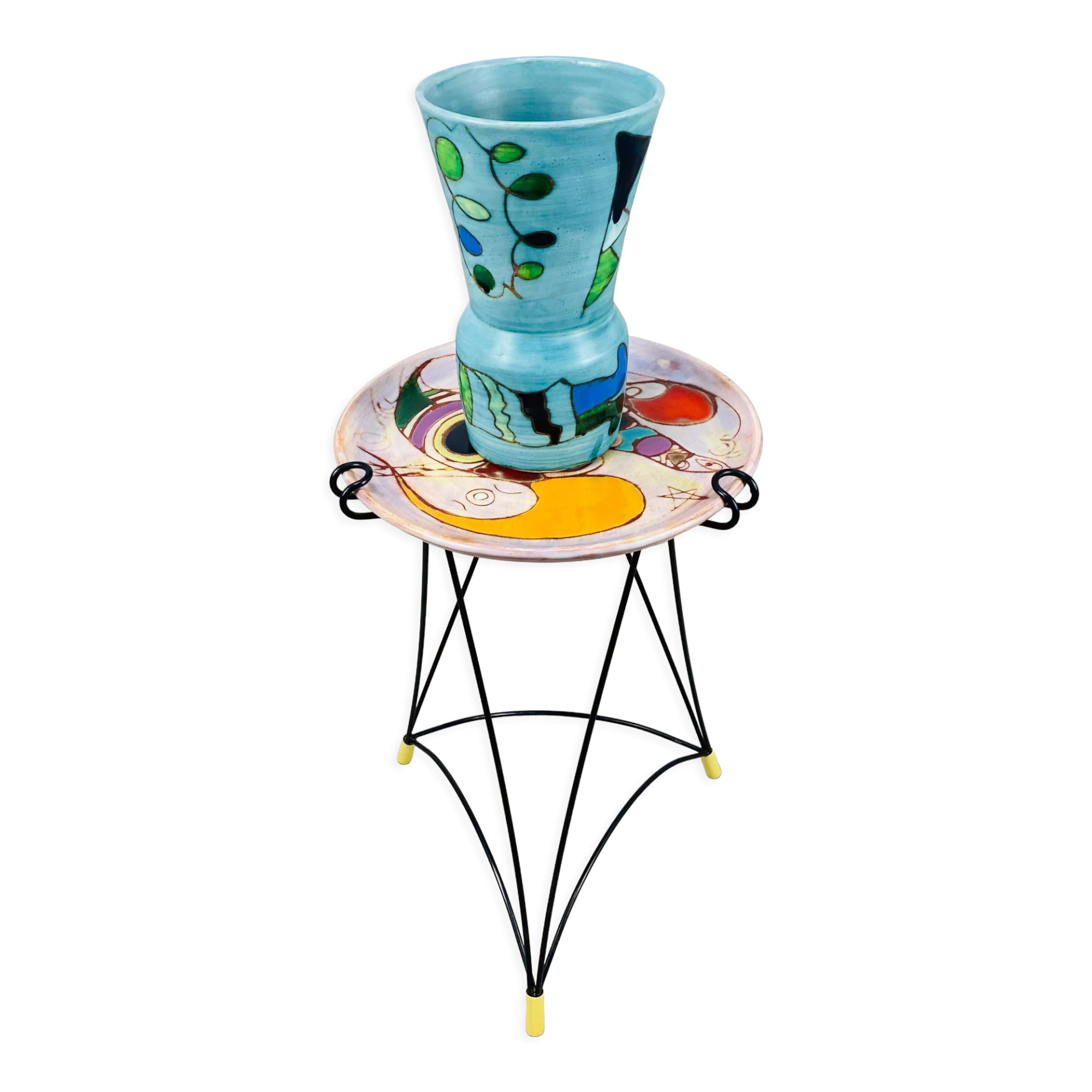 Side table and vase signed MC Treinen ceramic from Vallauris 1950s